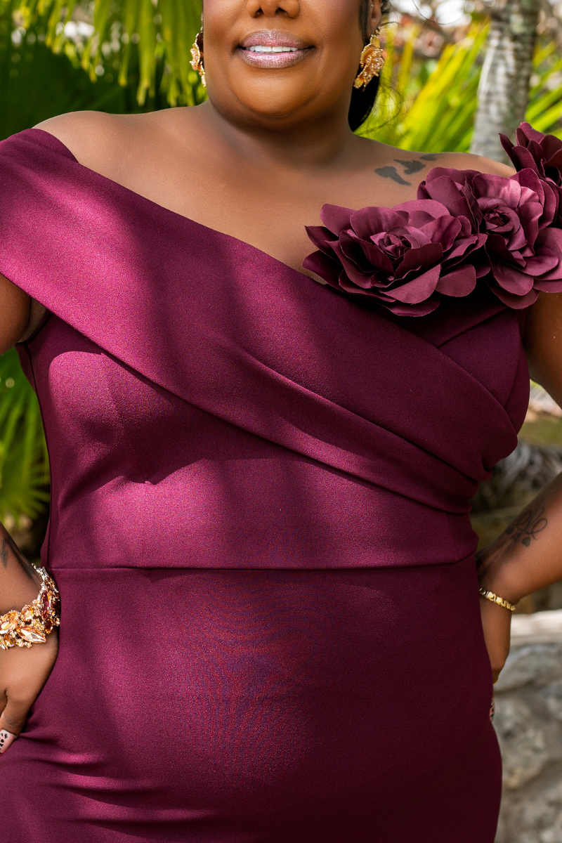 One-Shoulder Flower Appliqué Midi Dress