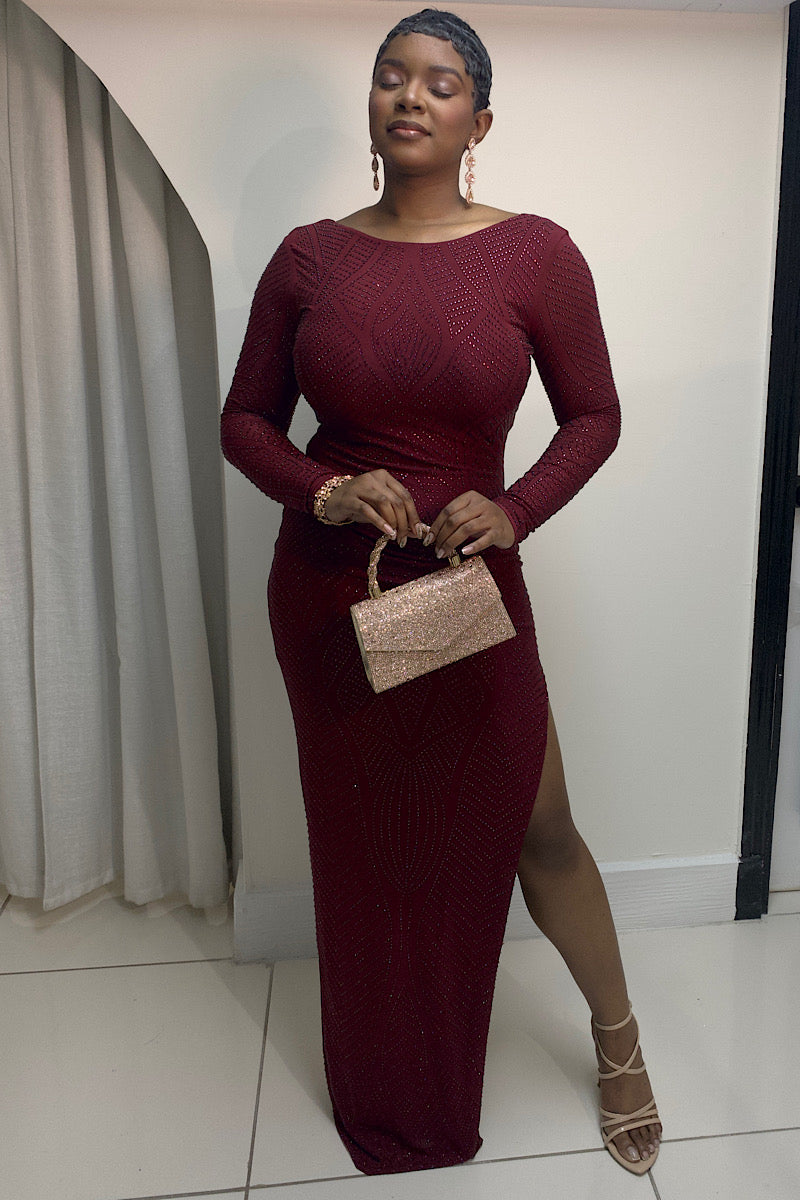 Long Sleeve Rhinestone Fitted Formal