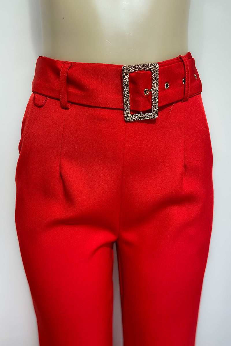 Red Wide Leg Pants w/ Buckle