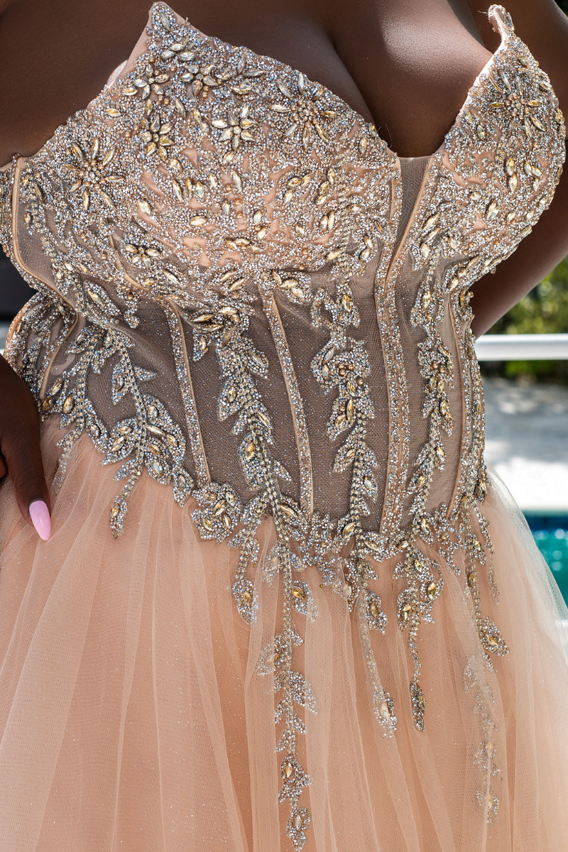 Strapless Embellished Shimmer Ball Gown