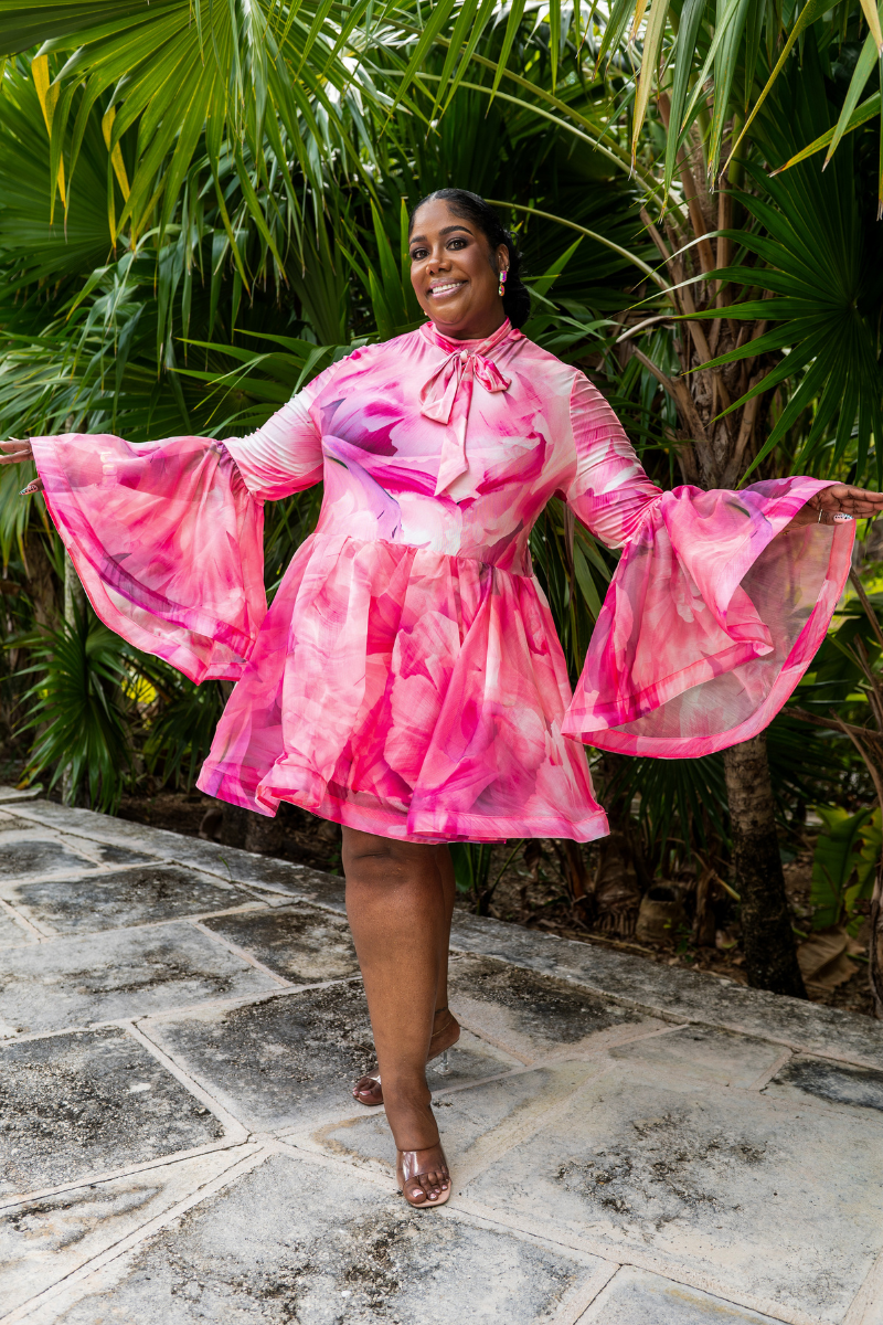 Flute Sleeve High Neckline Mini Dress