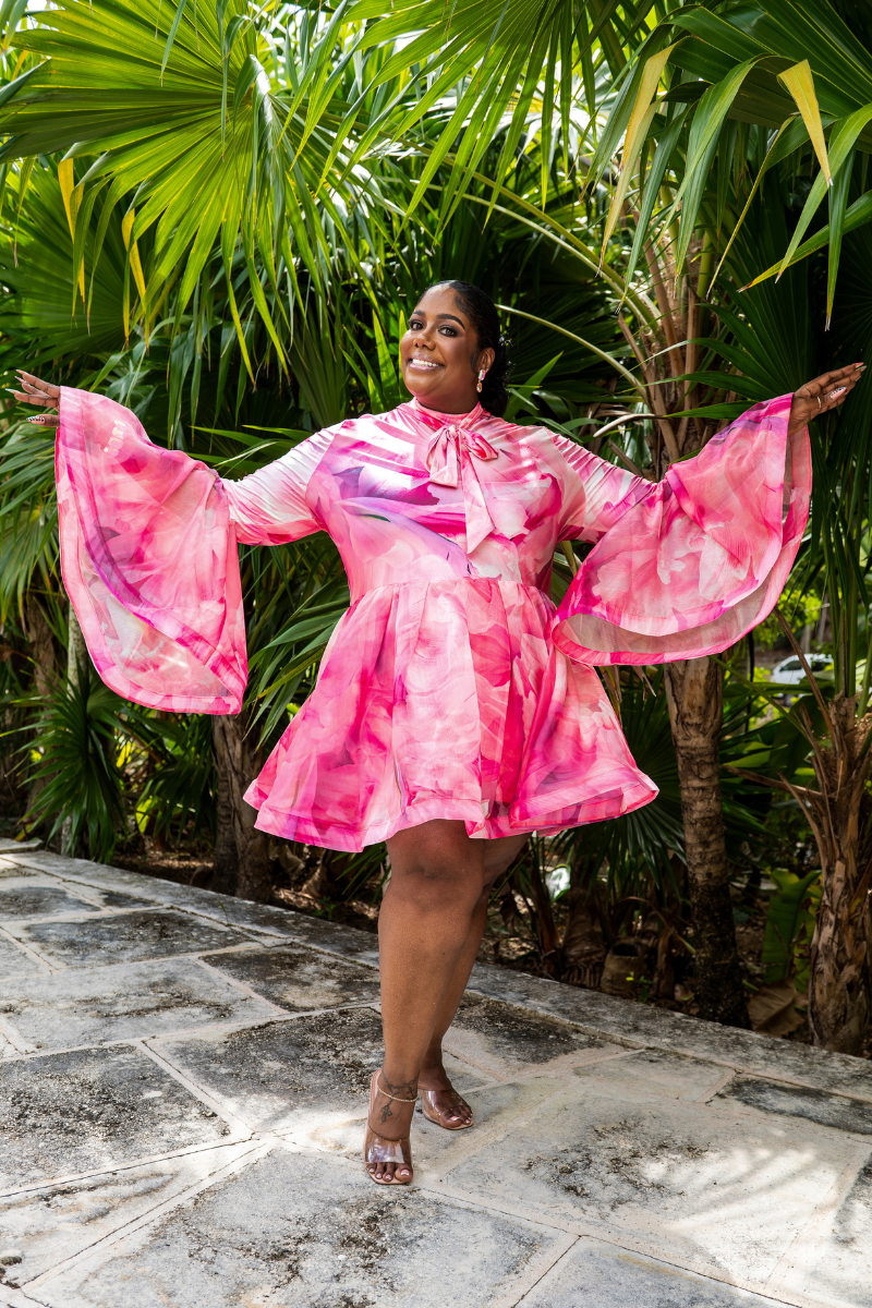 Flute Sleeve High Neckline Mini Dress