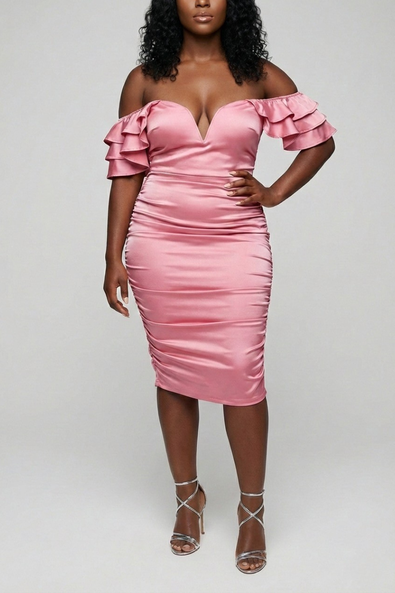 Off Shoulder V-Cut Wire Stretch Midi Dress