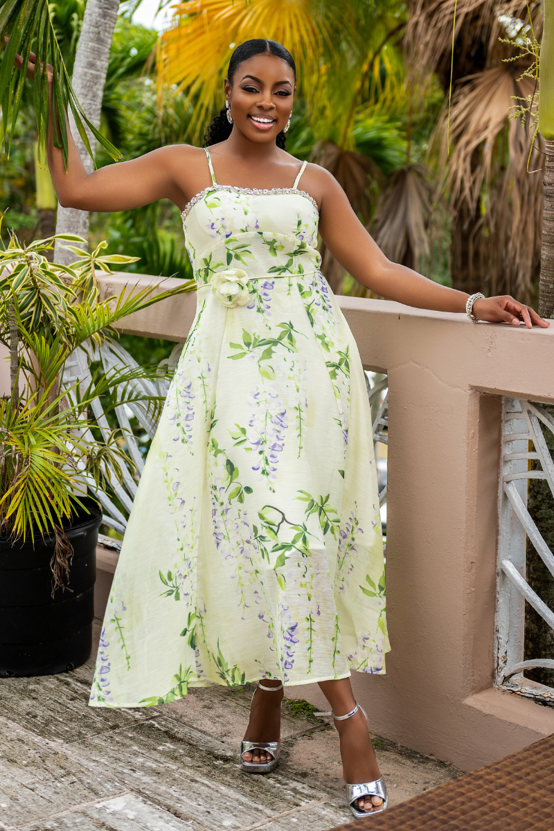 Rhinestone Detail Floral Midi Dress