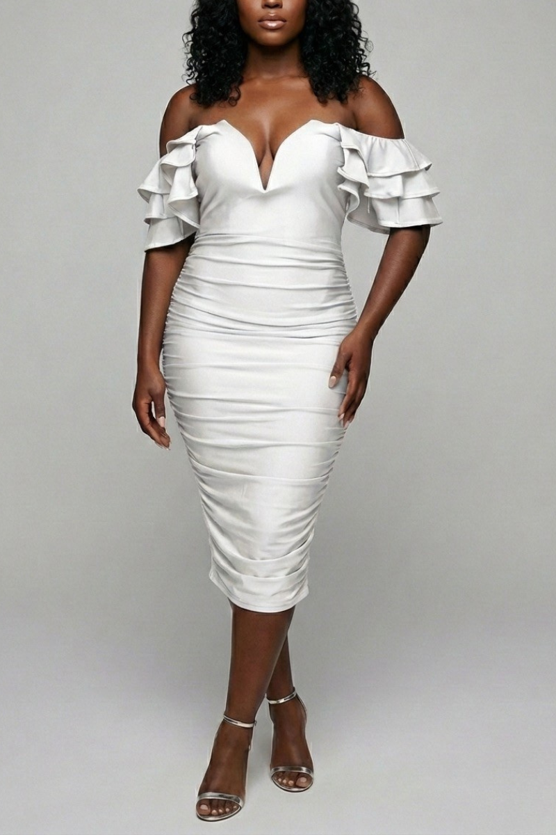 Off Shoulder V-Cut Wire Stretch Midi Dress