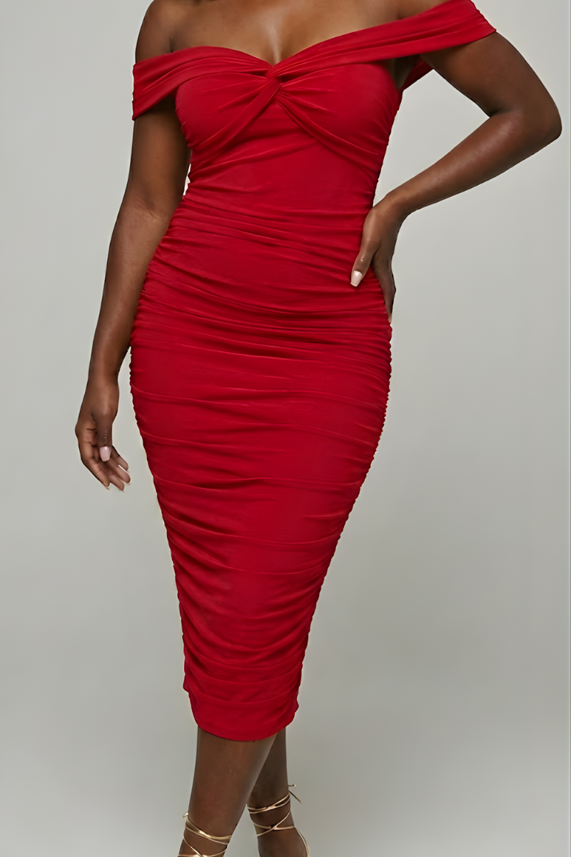 Ruched Off-Shoulder Mesh Midi Dress