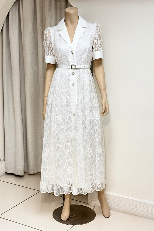 Collared Floral Lace Belted Maxi Dress