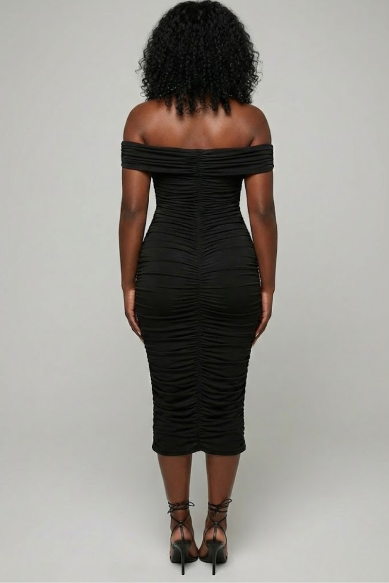 Ruched Off-Shoulder Mesh Midi Dress