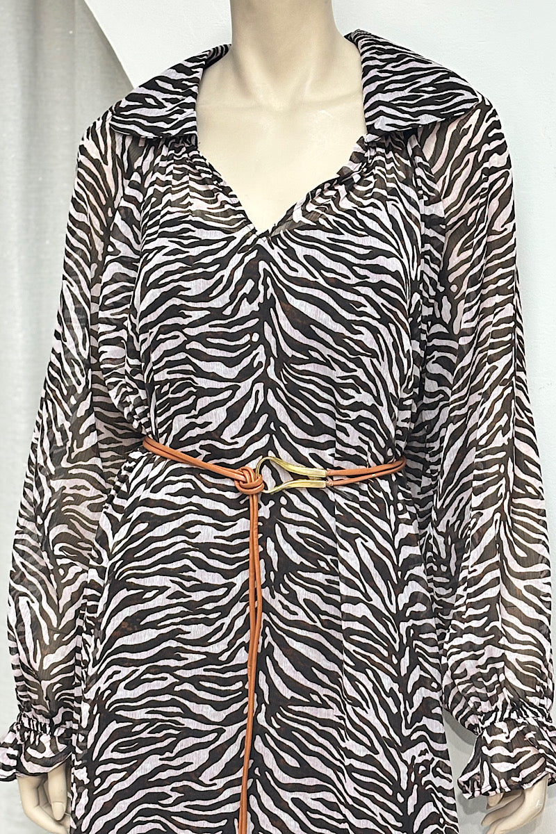 Zebra Print Collared V-Neck Flowy Dress