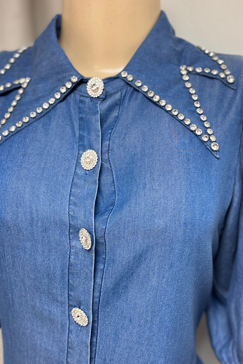 Rhinestone Collar Denim Top