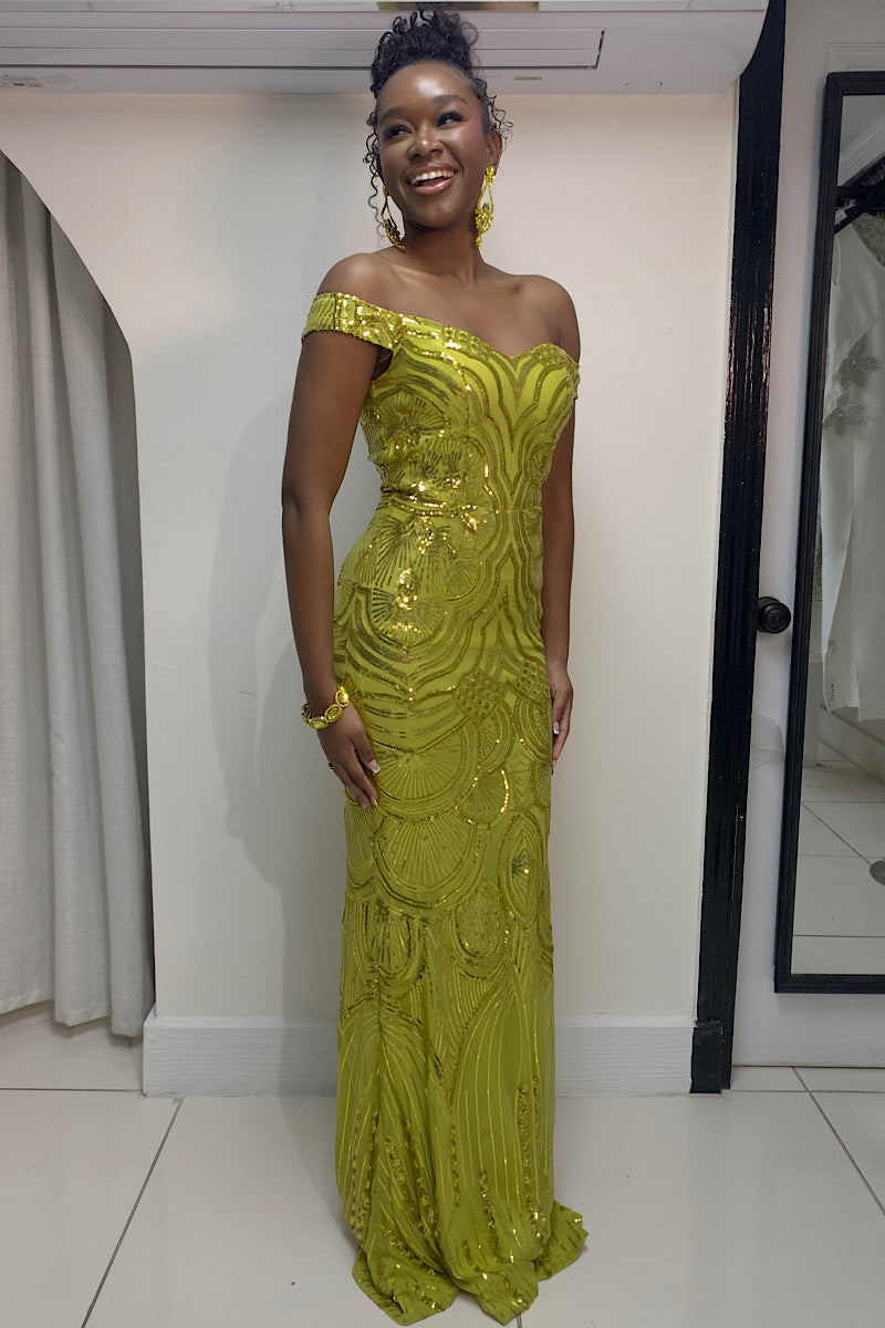 Off-Shoulder Fitted Sequin Formal