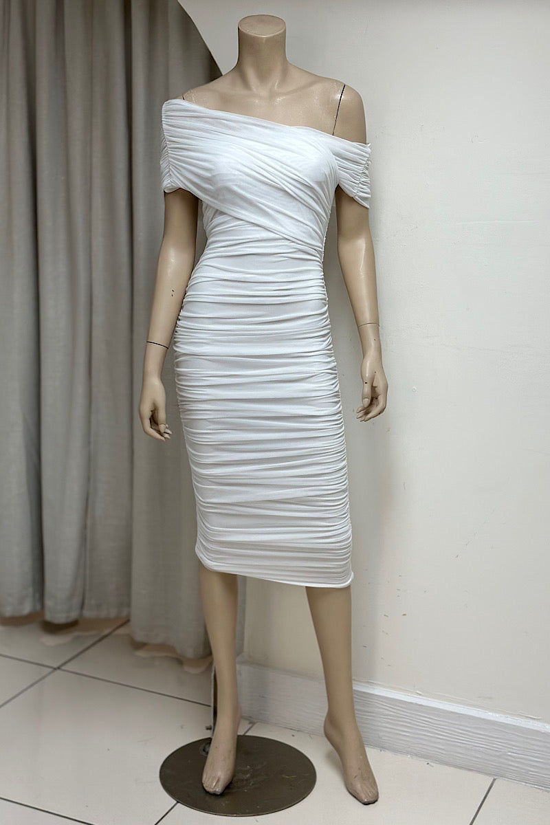 Off One-Shoulder Ruched Sash Dress