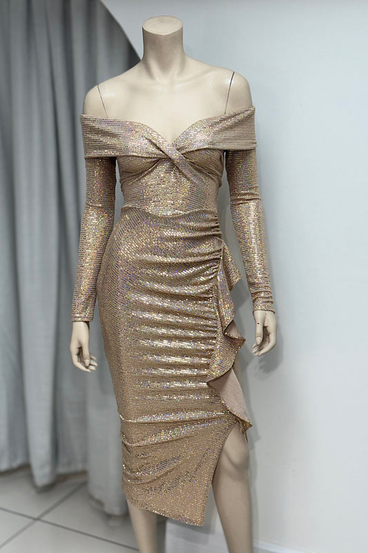 Off-Shoulder Ruffle Sequin Shimmer Dress