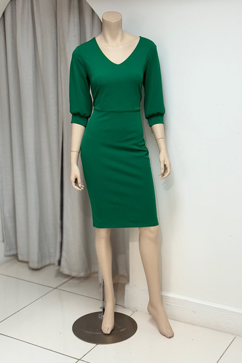 Fitted V-Neck Split Puff Sleeve Dress