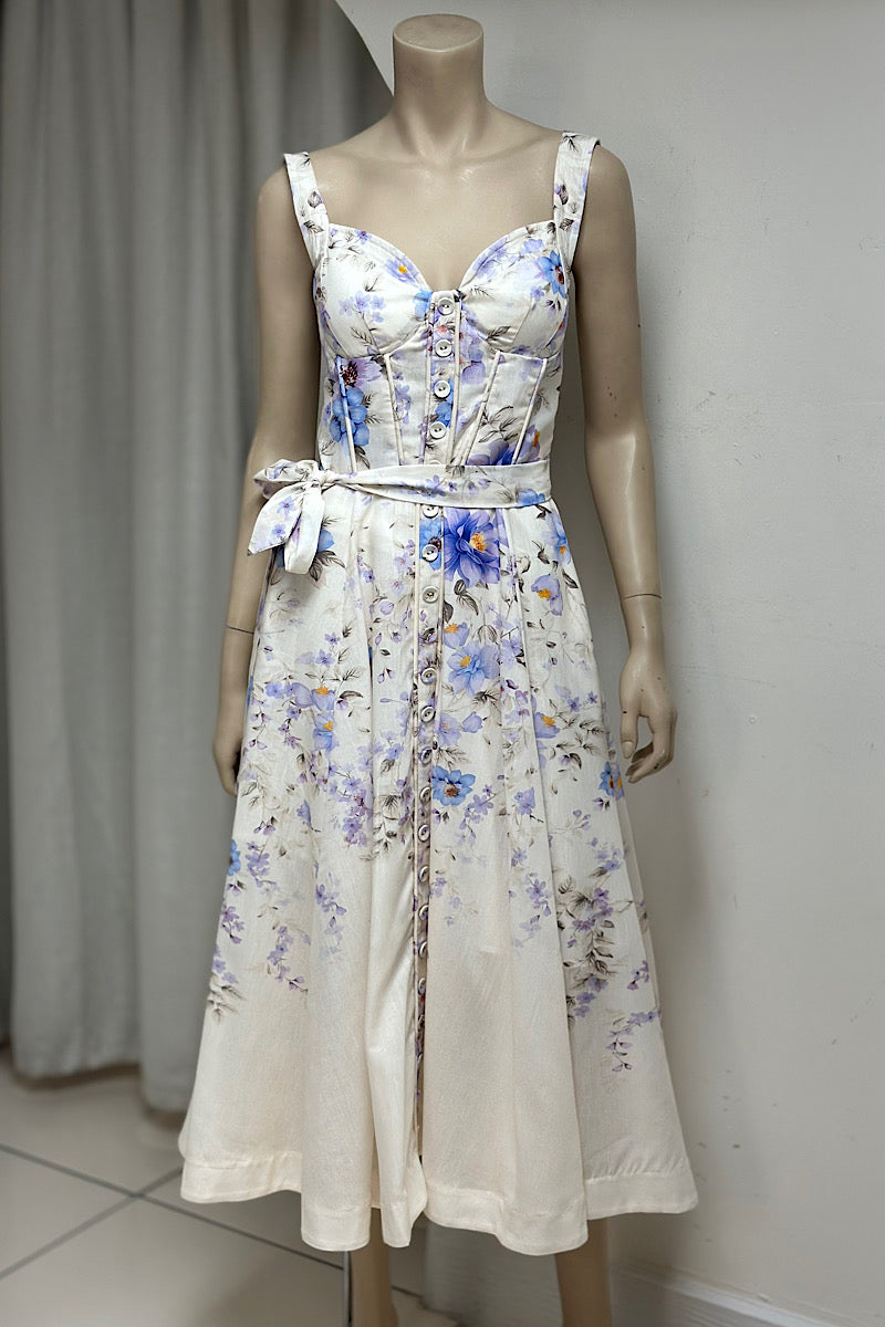 Floral Corset Belted Midi Dress