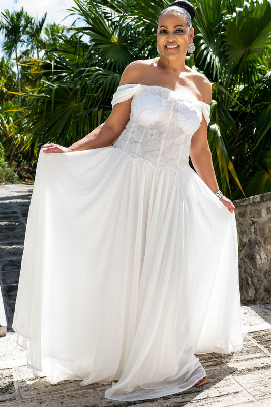 Beaded Flower Design Off-Shoulder Flowy Formal