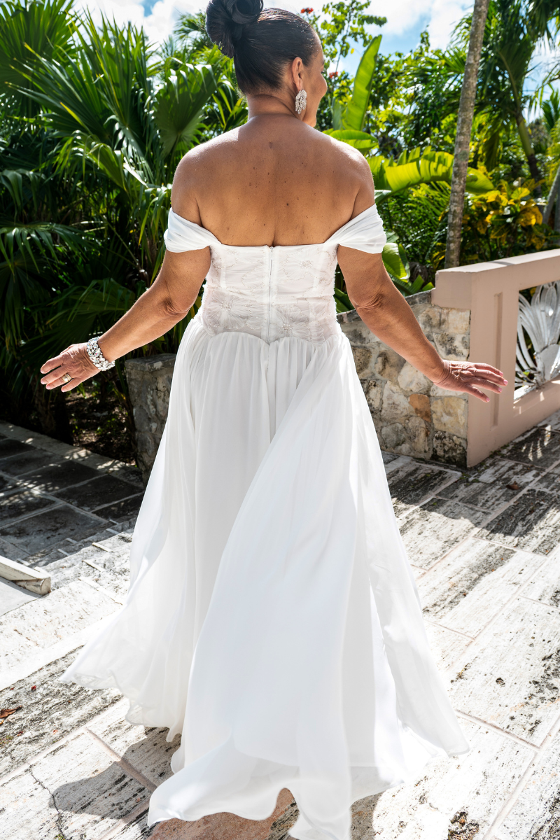 Beaded Flower Design Off-Shoulder Flowy Formal