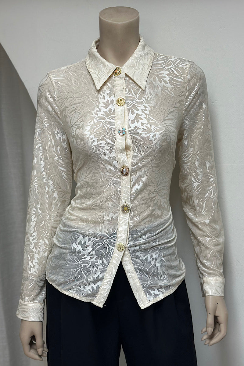 Long Sleeve Lace Button-Up Top