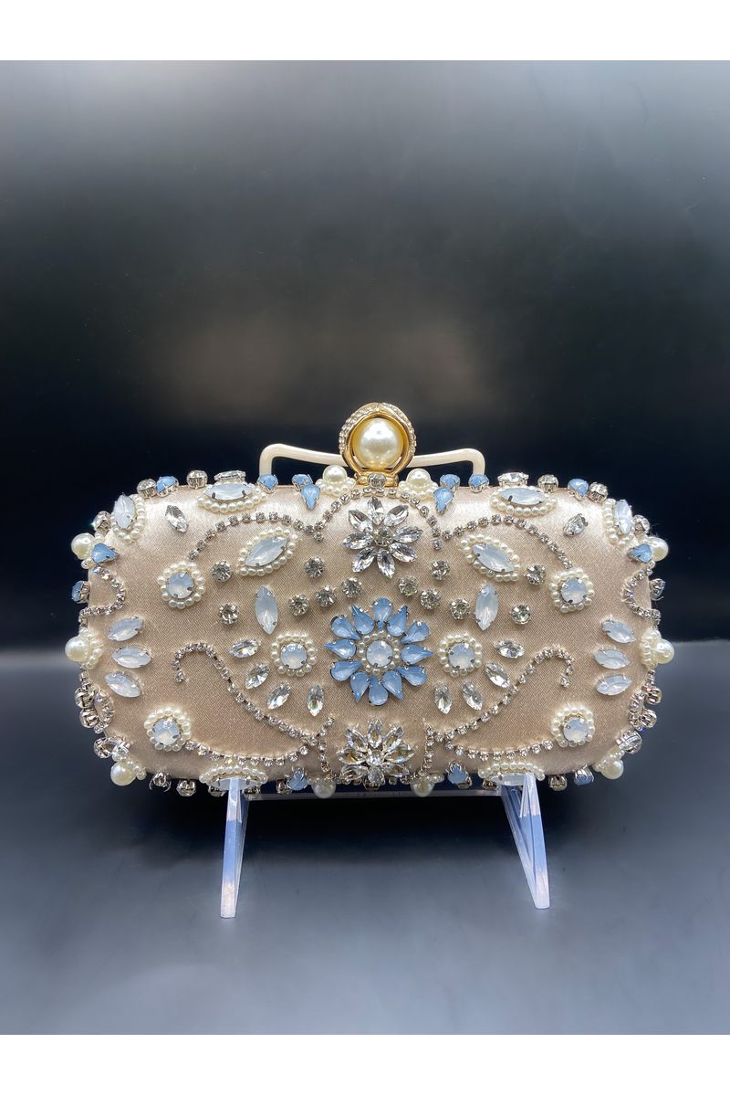 Beige Embellished Beaded Clutch