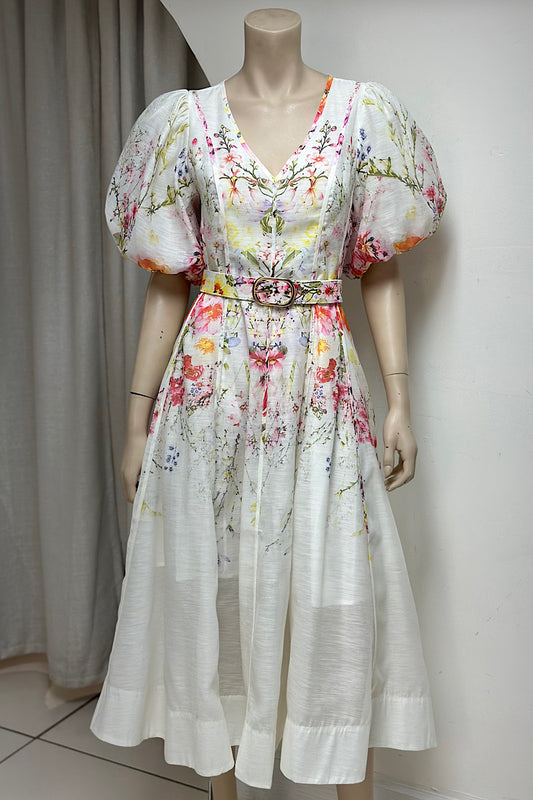 V-Neck Belted Floral Midi Dress