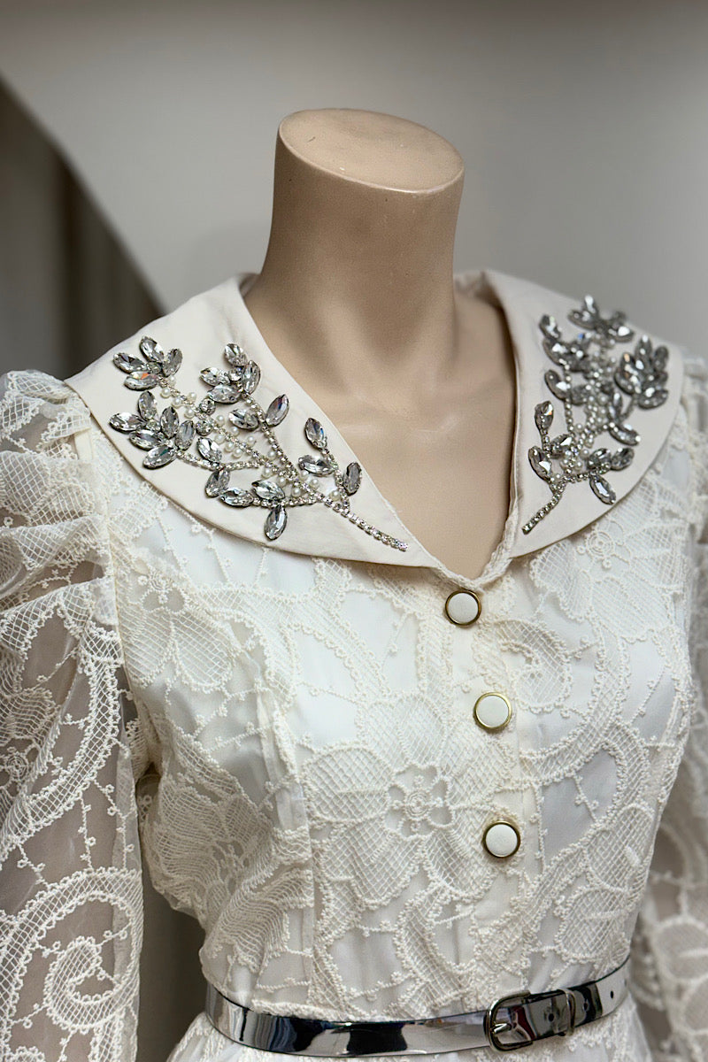 Embellished Collar Lace Belted Dress