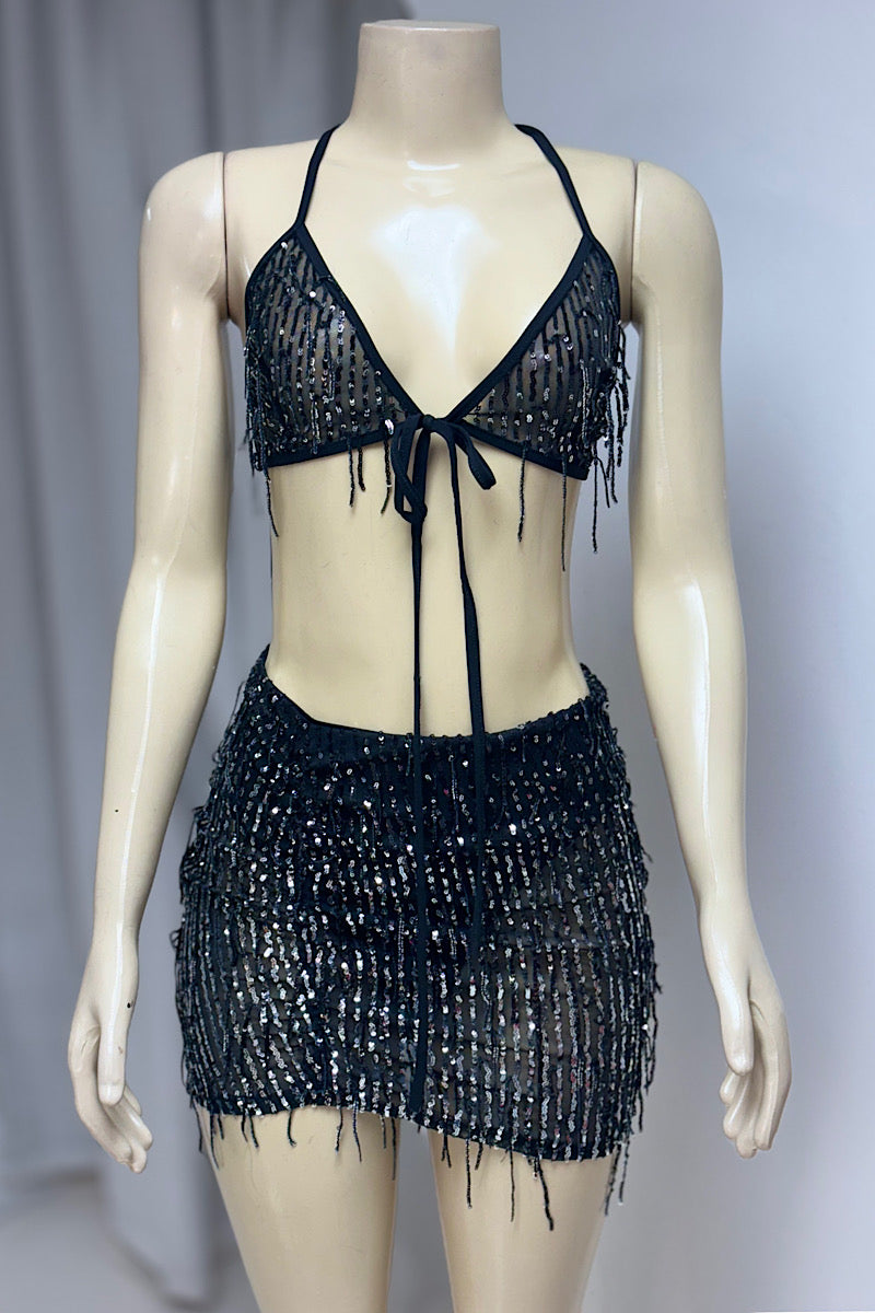 Black & Silver Sequin Crop Set