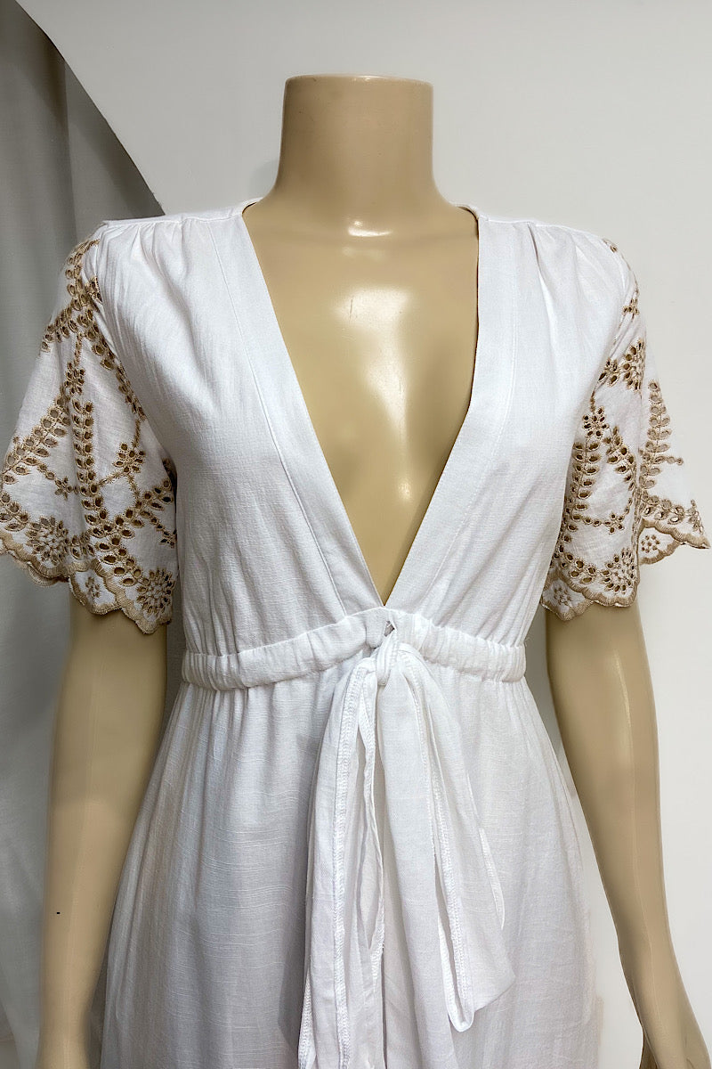 White Linen Eyelet Trim Maxi