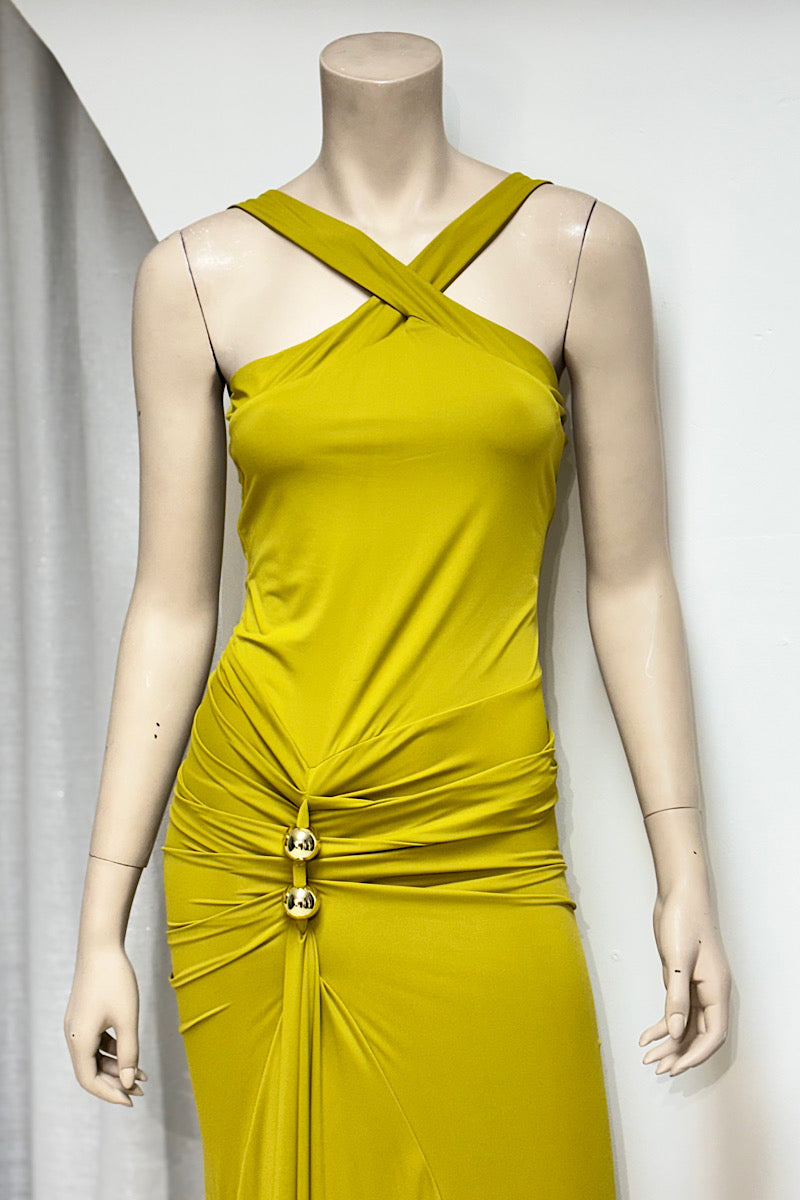 Crisscross Gold Detail Fitted Maxi Dress