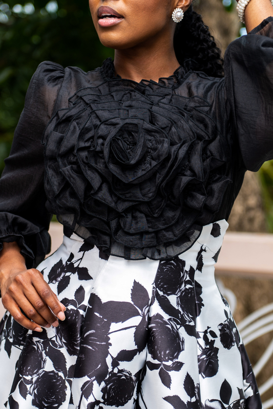 Sheer Ruffle Flower Detail Top