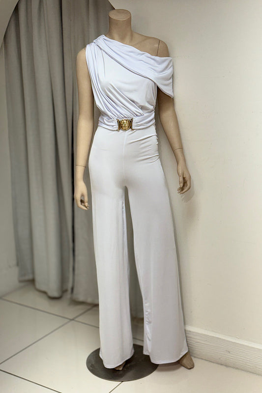 One Shoulder Lion Buckle Belted Jumpsuit
