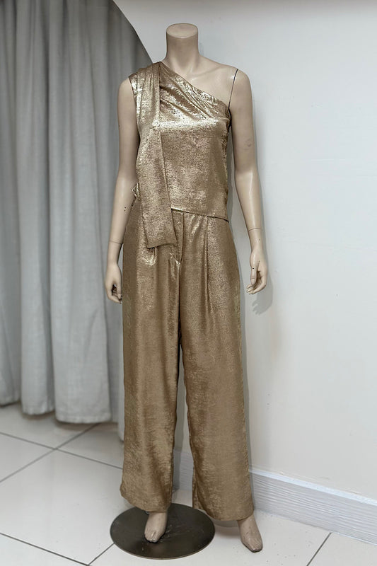 One Shoulder Metallic Pant Set