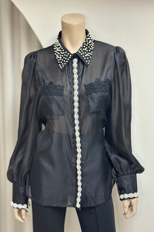 Chiffon Pearl Detailed Long Sleeve Blouse