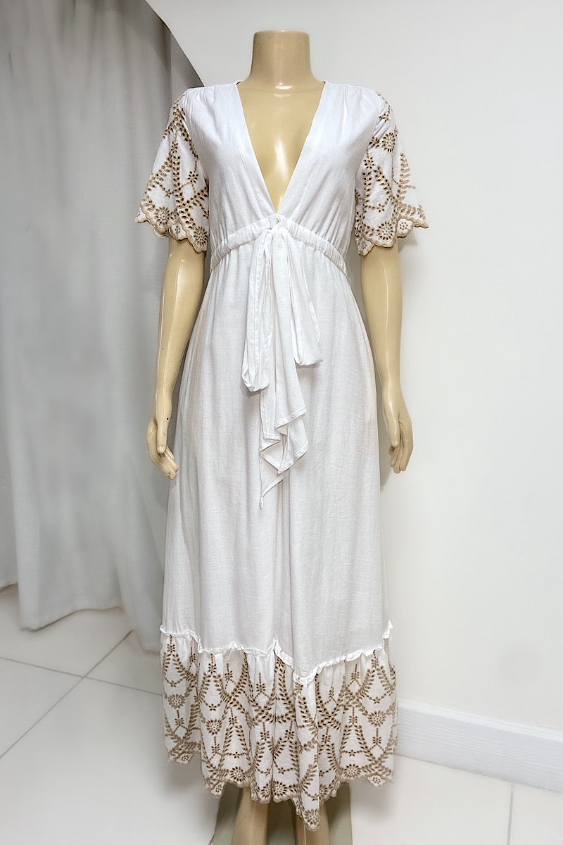 White Linen Eyelet Trim Maxi