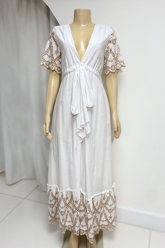 White Linen Eyelet Trim Maxi