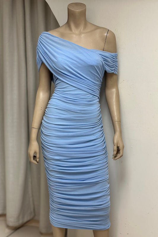 Off One-Shoulder Ruched Sash Dress