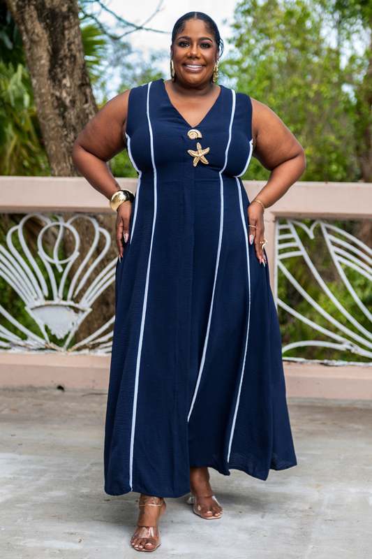 Flowy Striped Drawstring Back Midi Dress