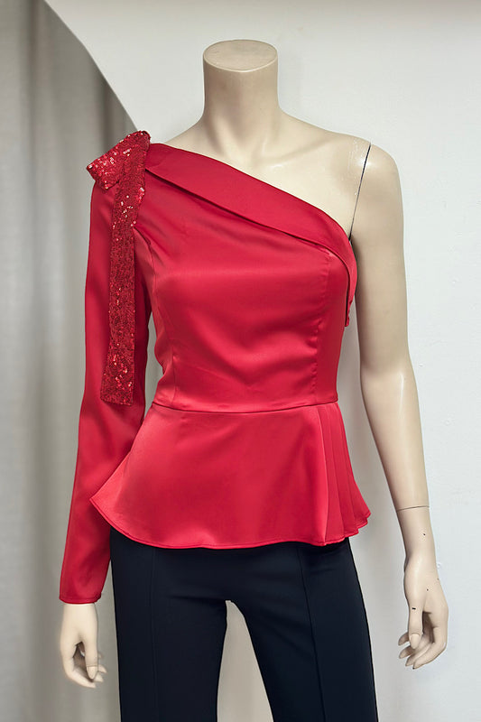 One-Shoulder Sequin Bow Detail Top