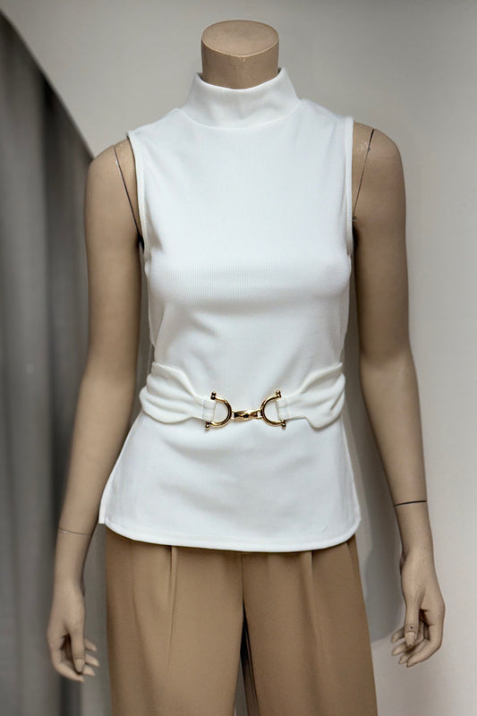 Sleeveless Belted Turtleneck Top