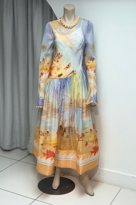 Shell Detail Watercolor Illustrated Midi Dress