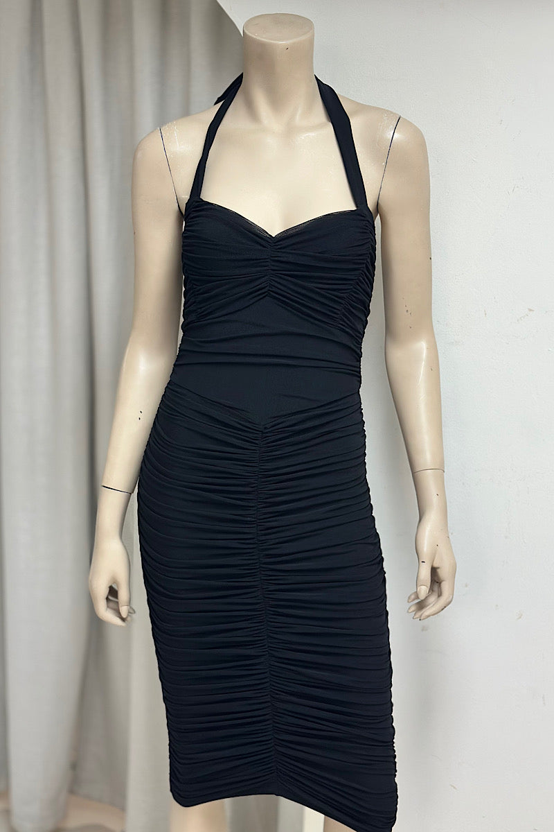 Fitted Ruched Halter Midi Dress