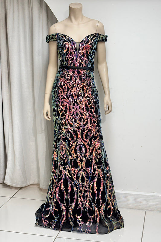 Off-Shoulder Sequin Belted Formal