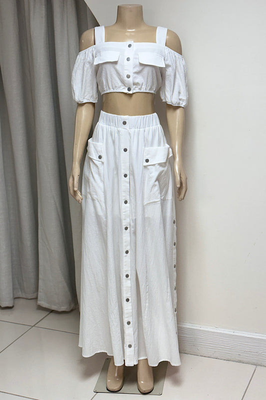 White Button Skirt Set
