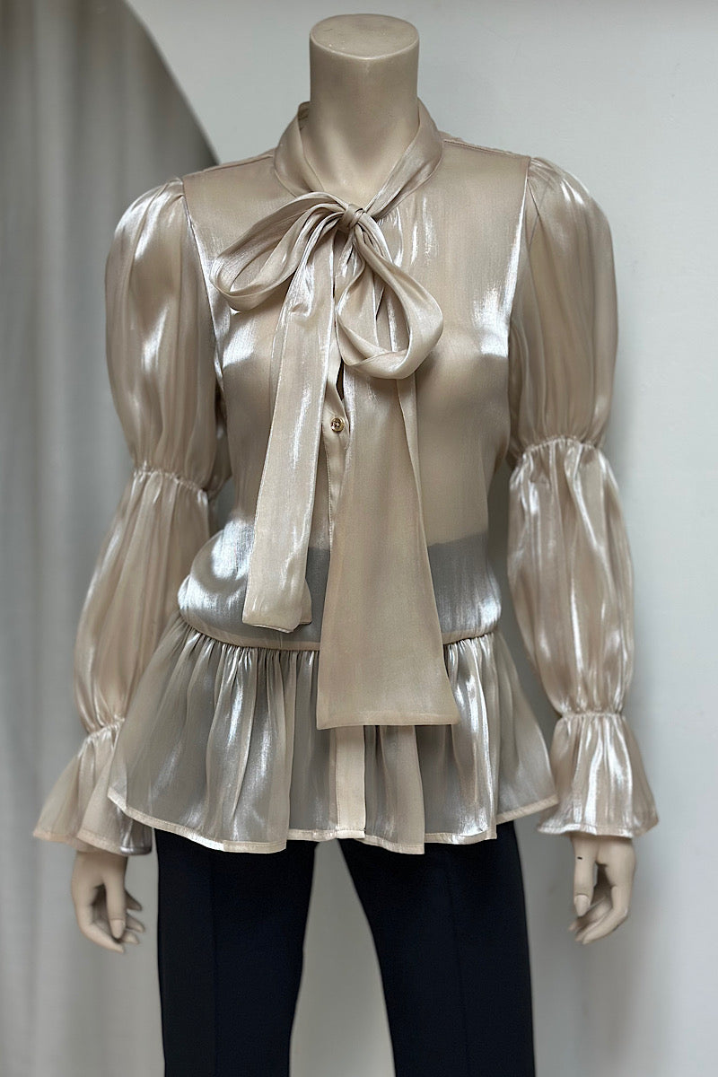 Shimmer Satin Button-Down Top
