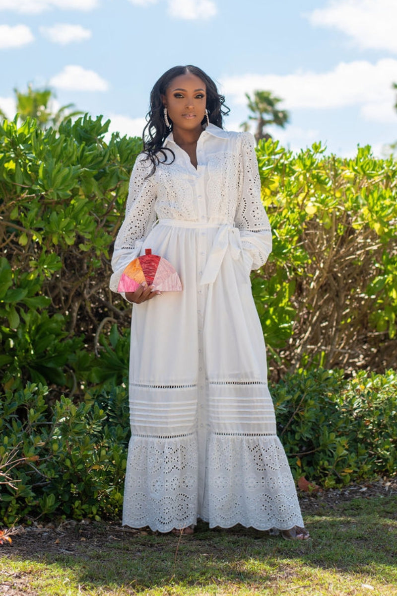 Long Sleeve Eyelet Pearl Button Maxi