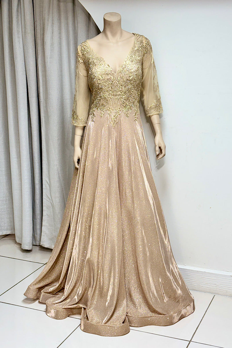 Shimmer V-Neck Embroidered Flare Formal