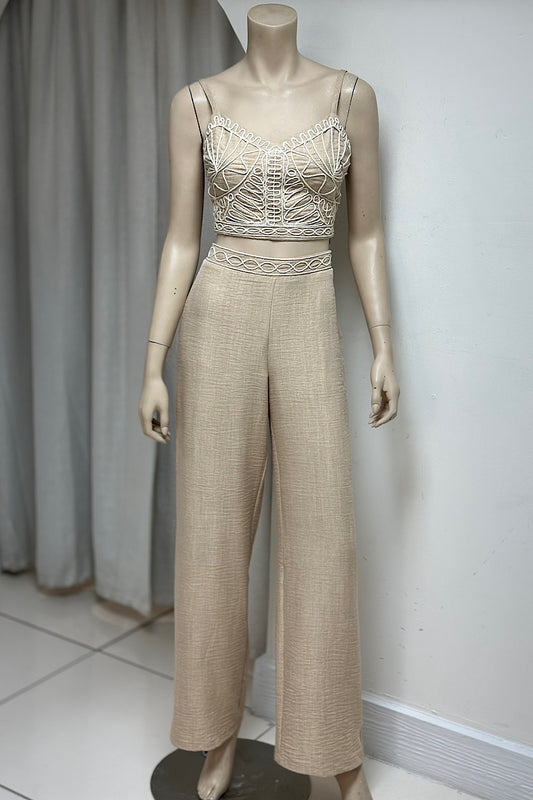 Embroidered Bralette Flowy Pant Set