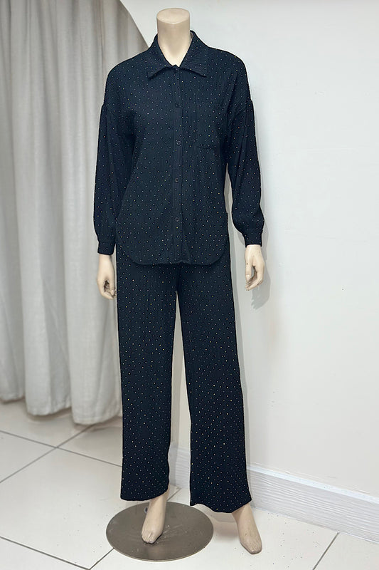 Rhinestone Plisse Button Down Set
