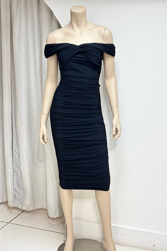 Ruched Off-Shoulder Fitted Midi Dress