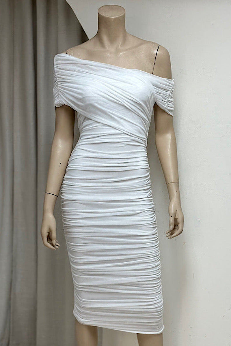 Off One-Shoulder Ruched Sash Dress