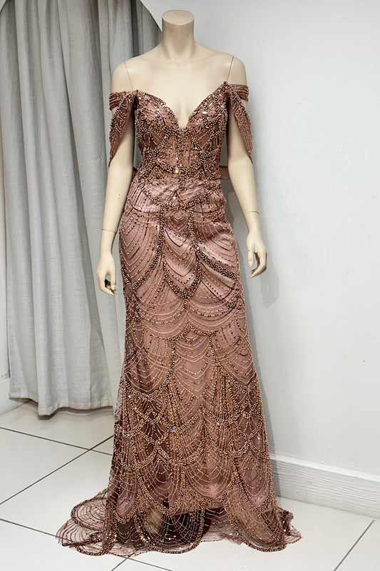 Beaded V-Neck Off-Shoulder Formal
